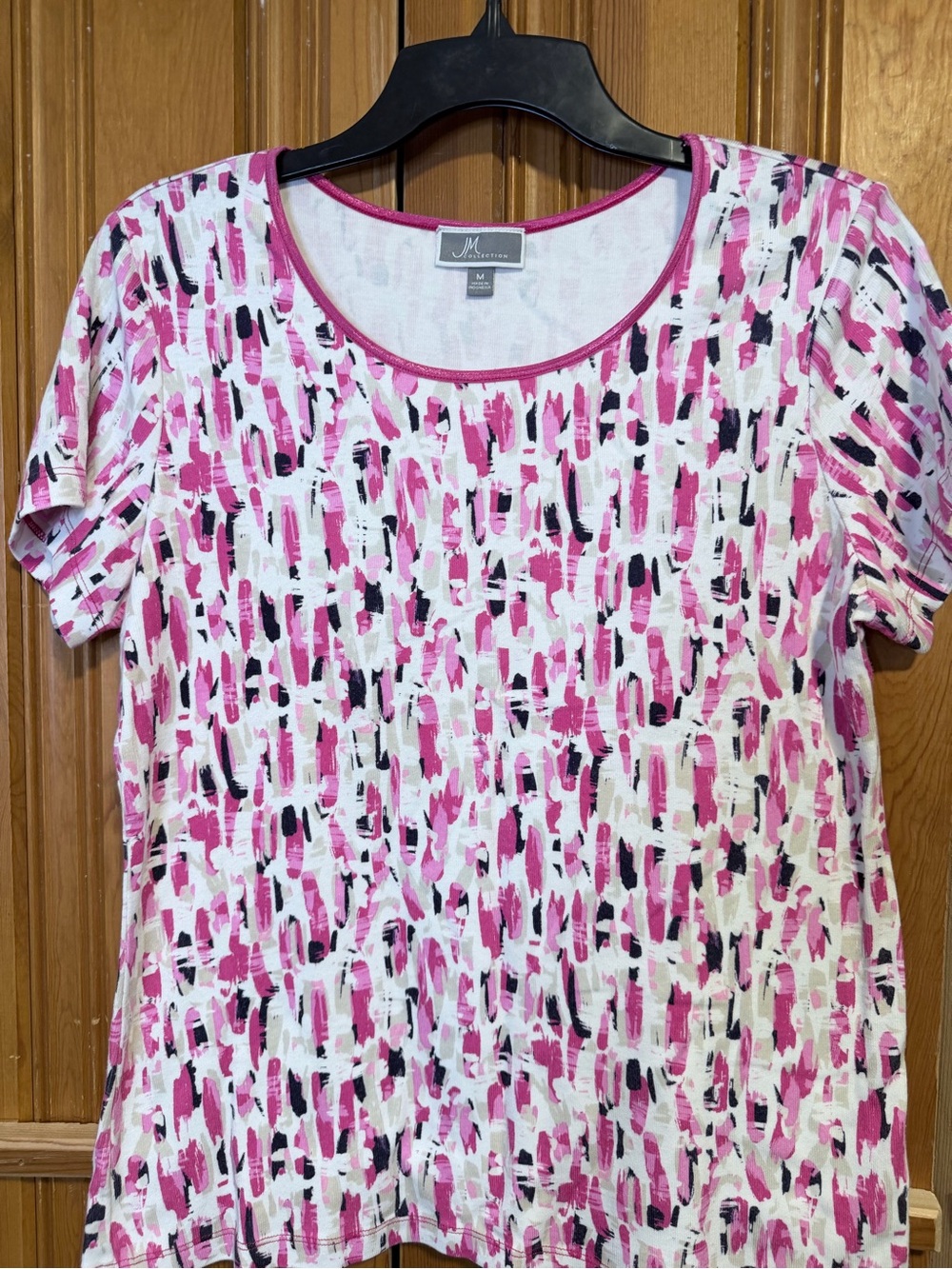 JM Collection Pink Black White Brushstroke Scoop Neck Short Sleeve Top B9